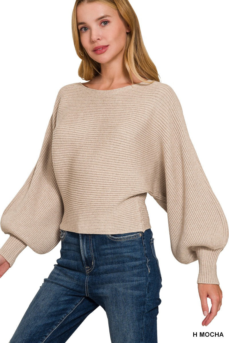 Zenana Boat Neck Balloon Sleeve Sweater