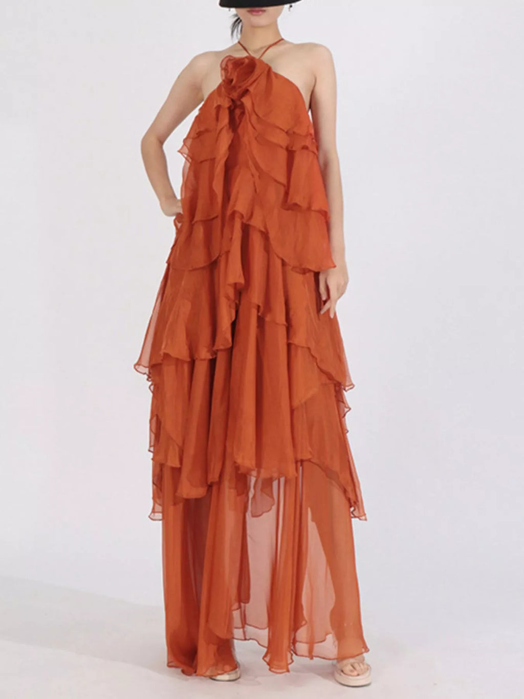 Ruffled Chiffon Halter Neck Maxi Dress