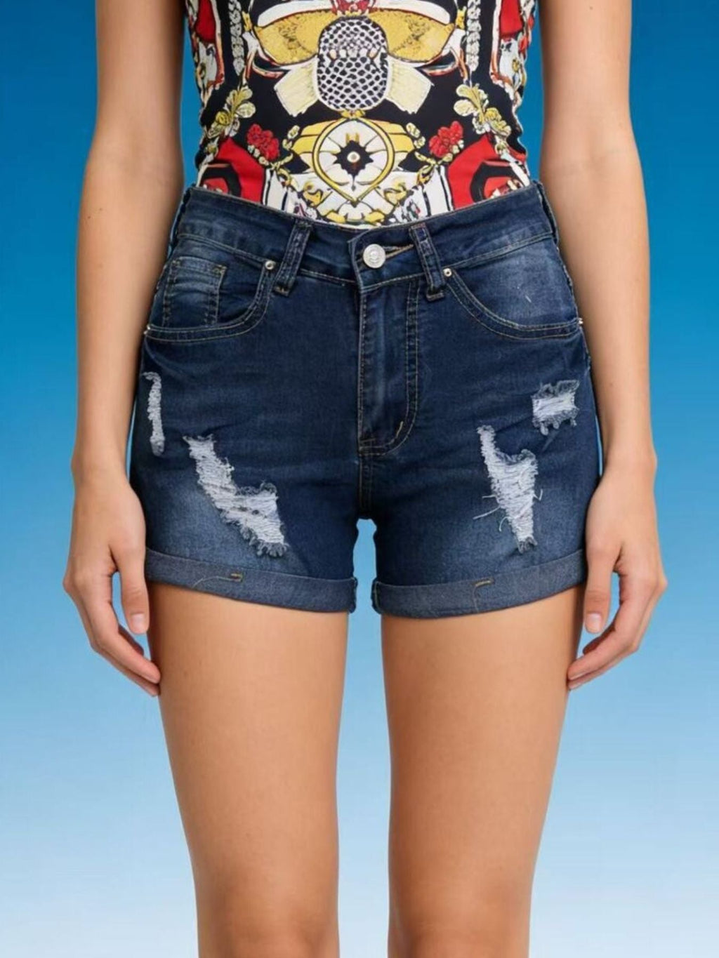Distressed Wash Denim Shorts