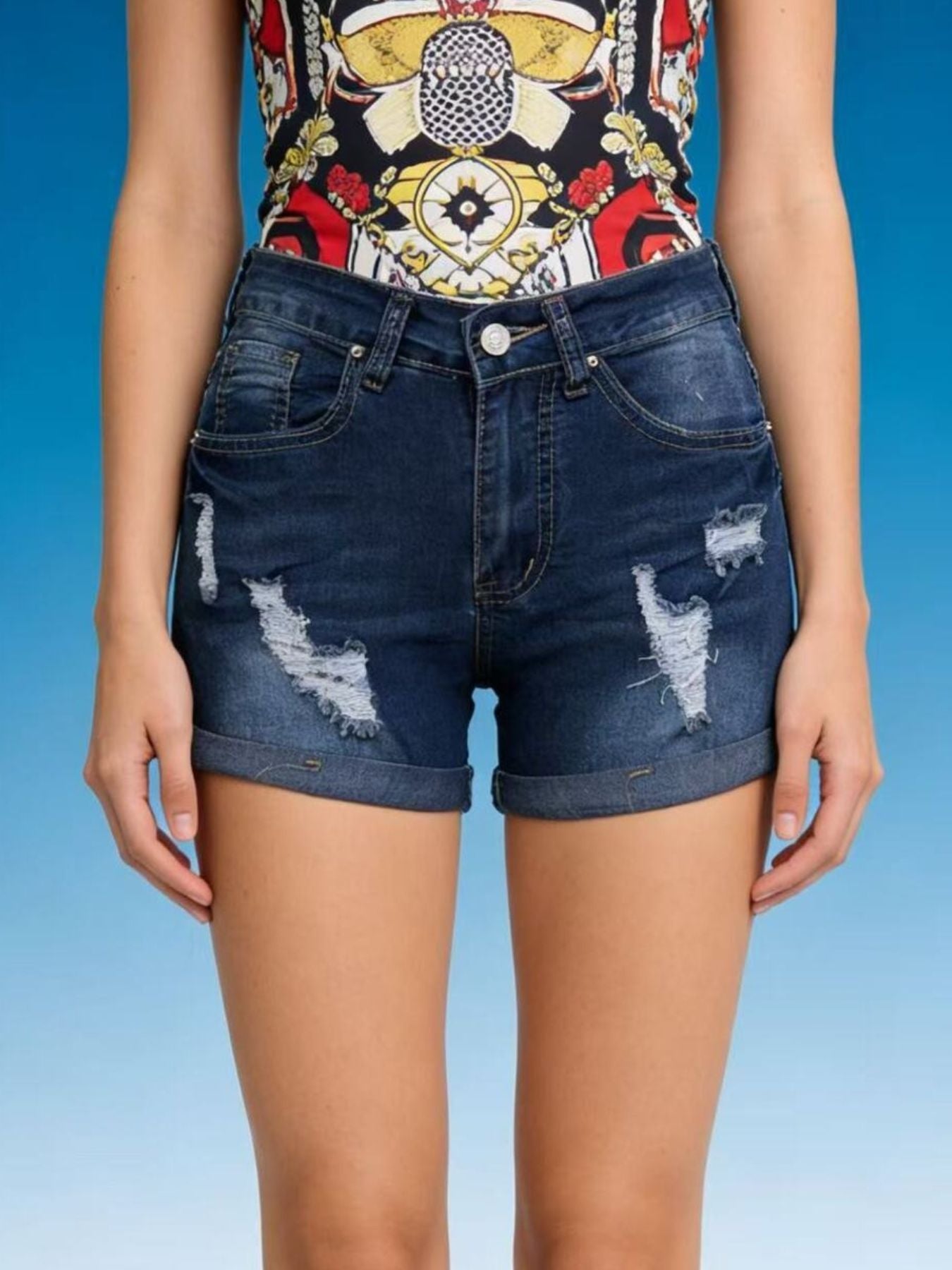 Distressed Wash Denim Shorts