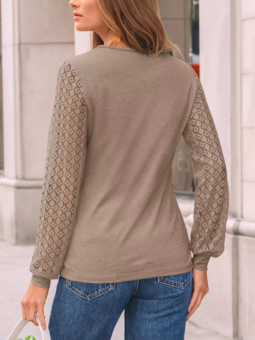Lace Sleeve Crew Neck T-Shirt