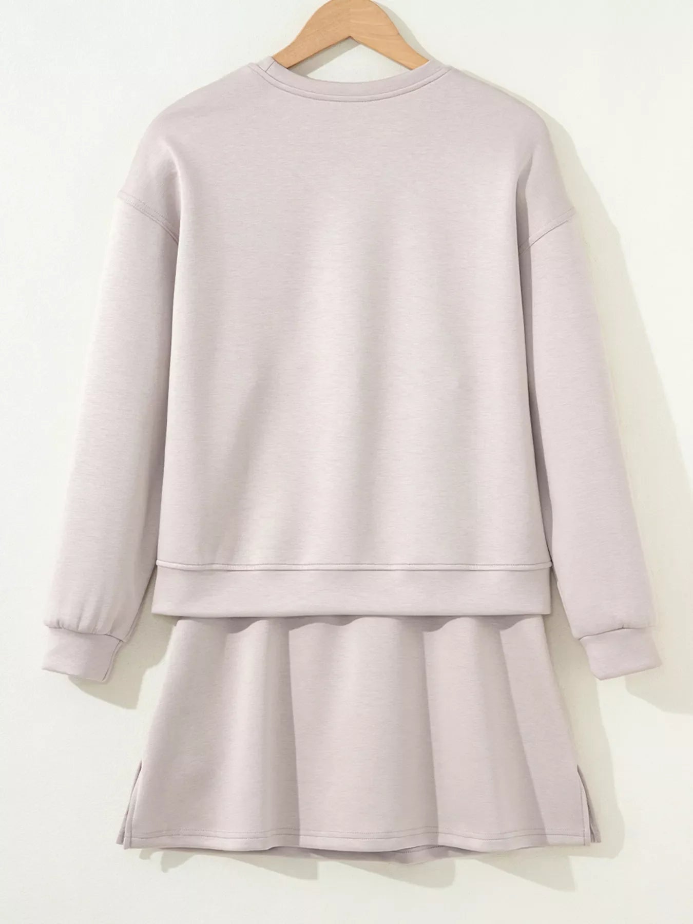 Solid Color Drop Shoulder Pullover and Drawstring Mini Skirt 2pcs Outfit