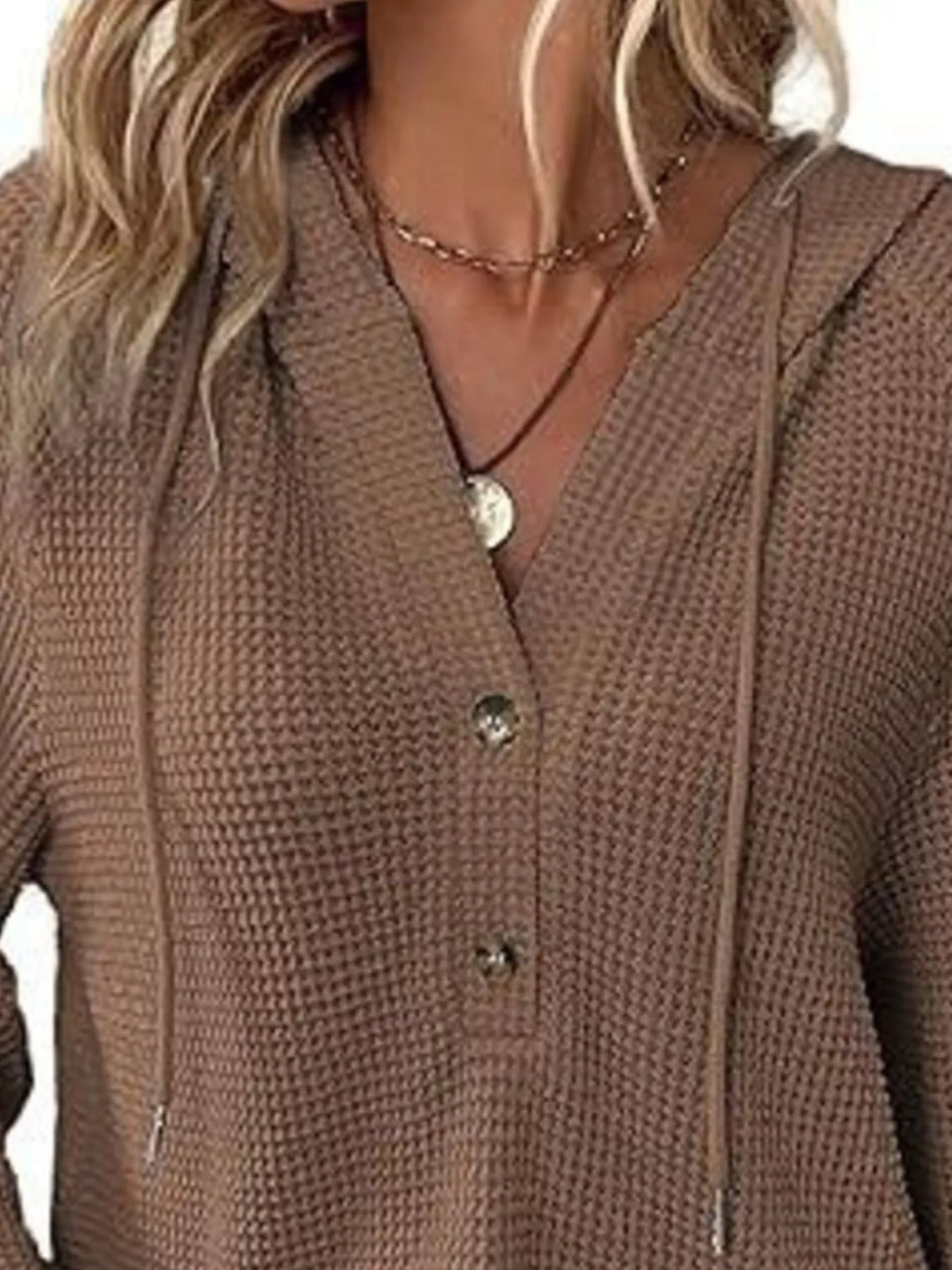 Full Size Button Detail Waffle Knit Hoodie Plus Size