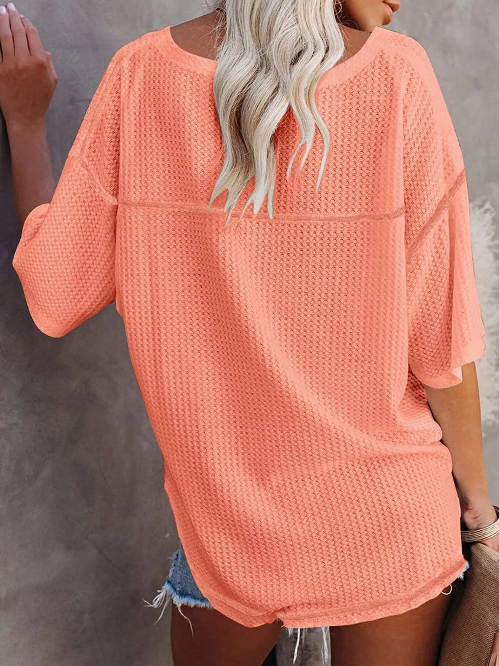Waffle Knit V-Neck Short Sleeve T-Shirt