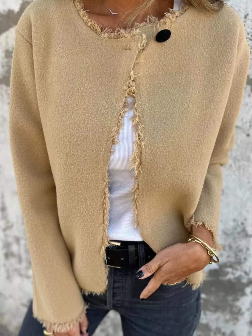 Full Size One Button Frayed Edge Cardigan Plus Size
