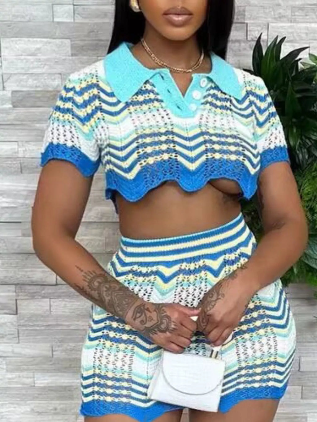 Chevron Knit Polo Crop Top and Mini Skirt Set