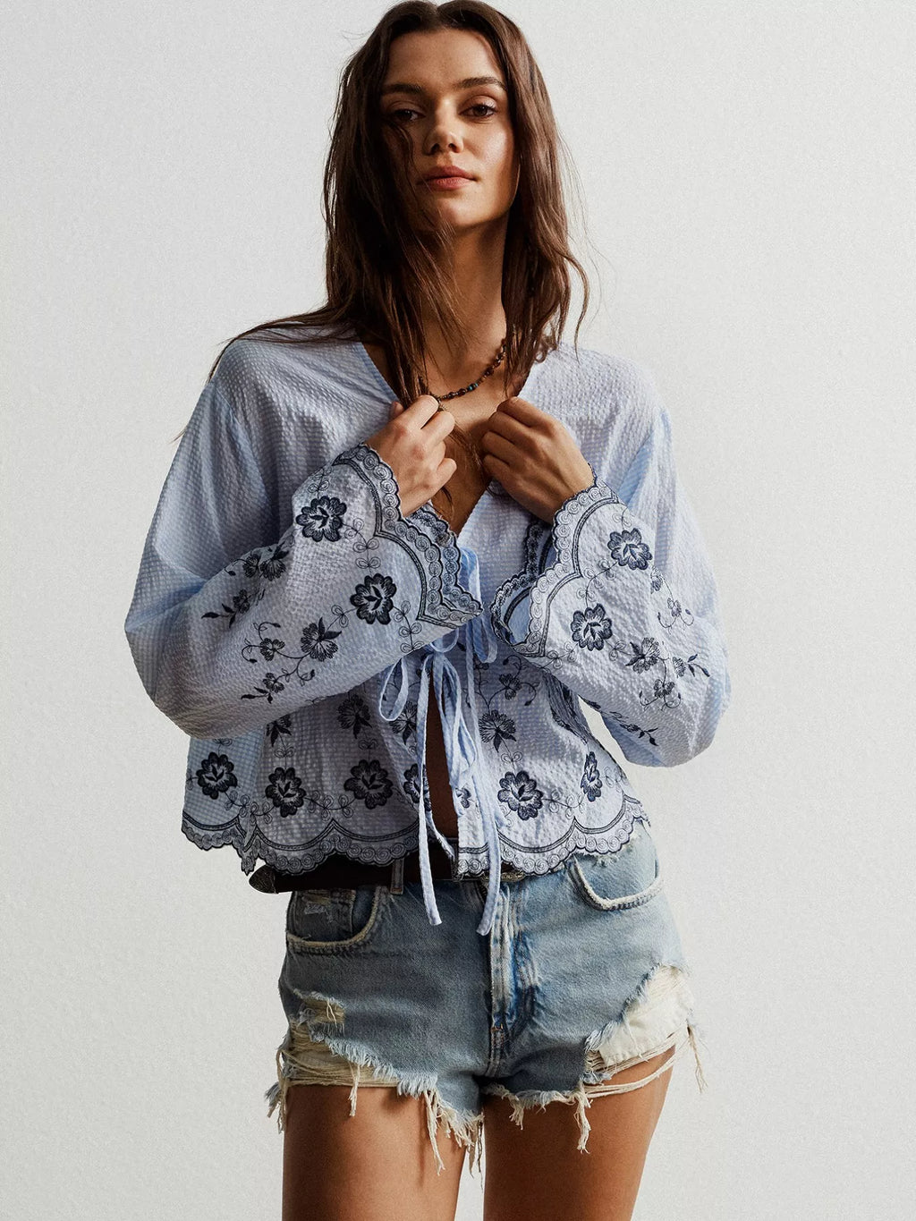 Floral Embroidered Tie-Front Blouse