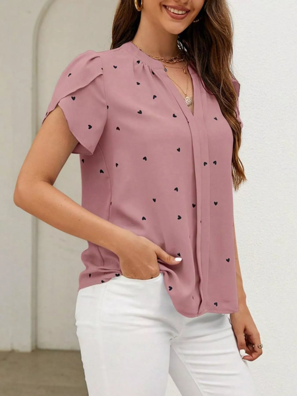 Heart Print Petal Sleeve Blouse