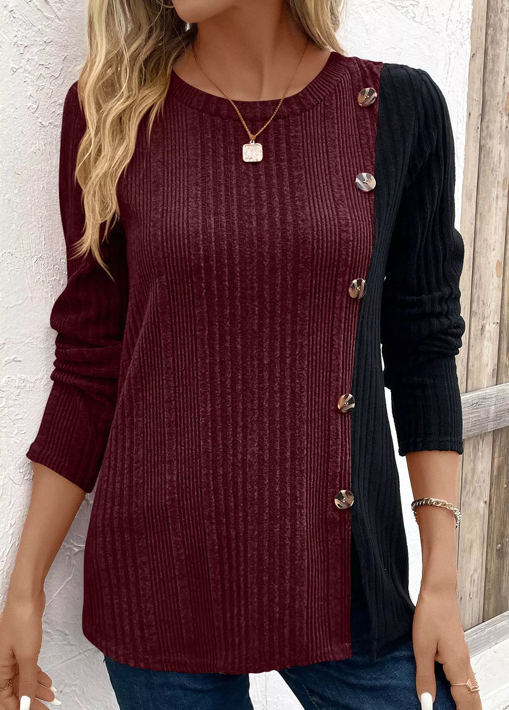 Color Block Ribbed Knit T-Shirt
