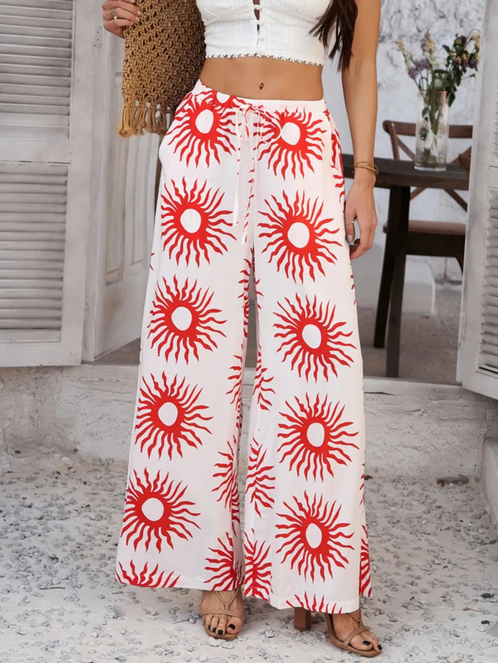 Devine Drawstring Printed Wide Leg Pants