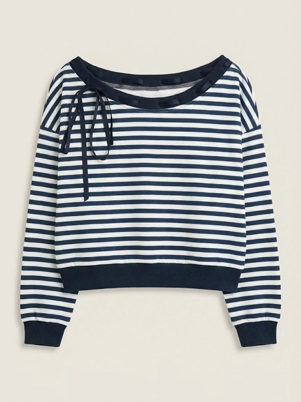 Striped Off-Shoulder Ribbon Accent Sweatshirt