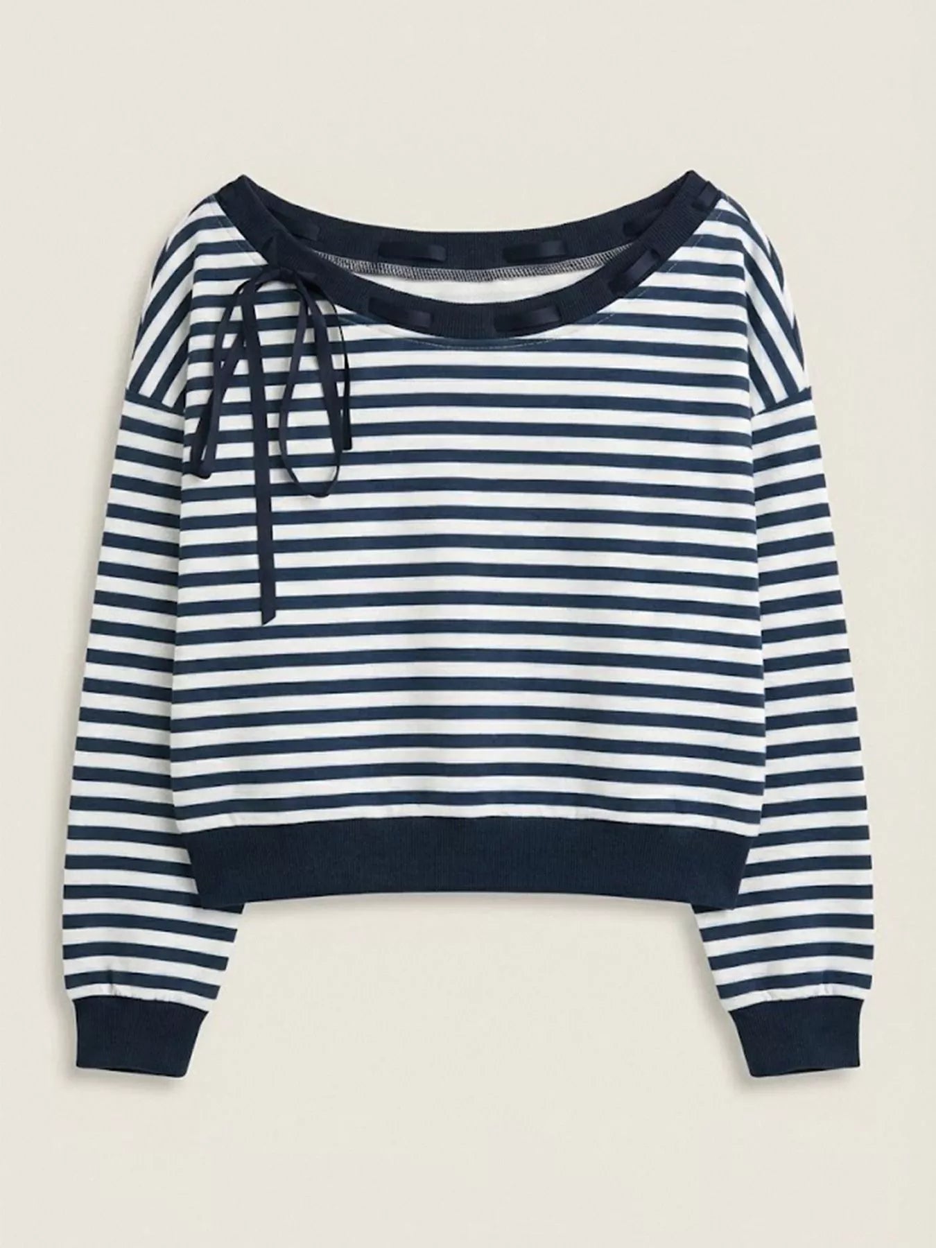Striped Off-Shoulder Ribbon Accent Sweatshirt