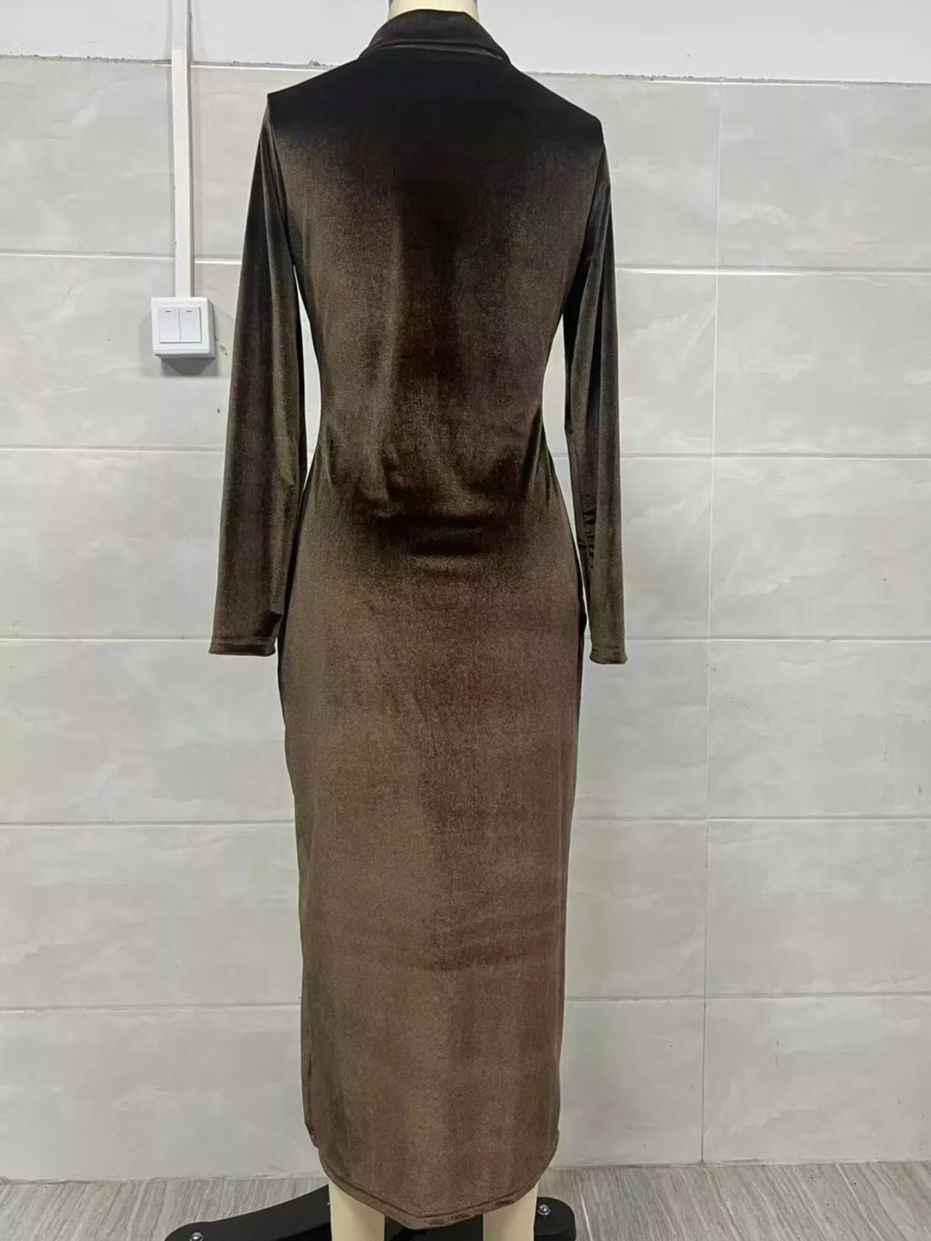 Velvet Zip-Front Slit Midi Dress