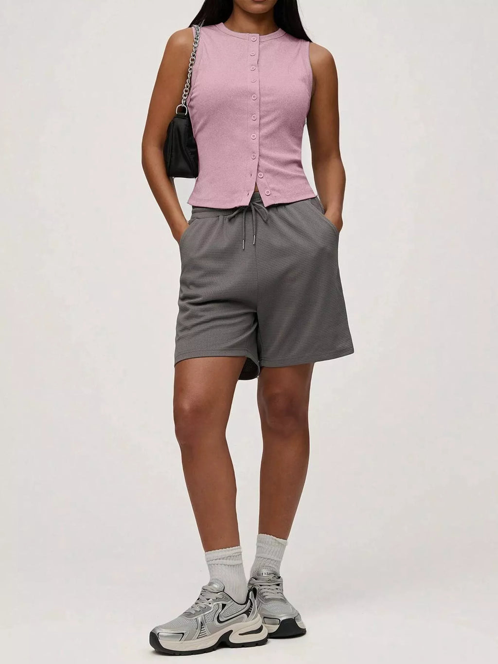 Ribbed Button-Front Sleeveless Tank