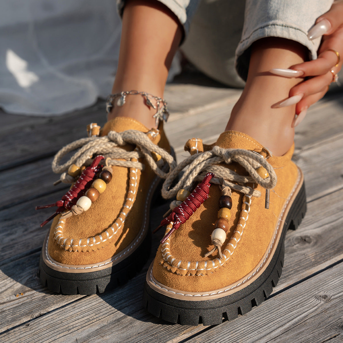 Beaded Lace-Up Loafers