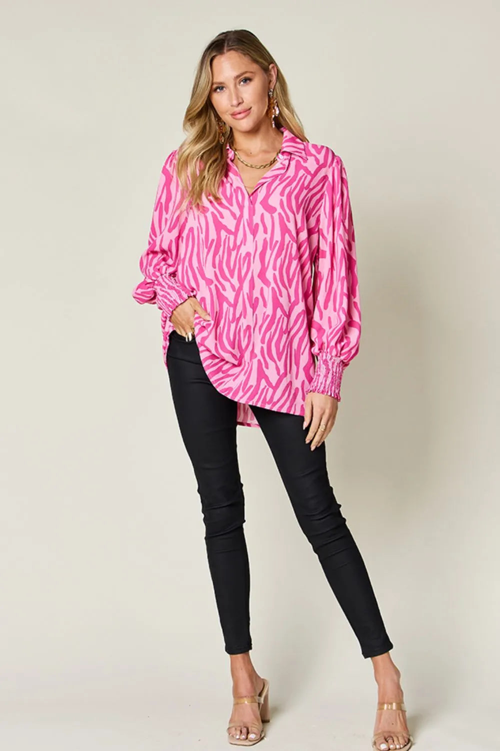 Double Take Full Size Printed Smocked Long Sleeve Blouse Plus Size