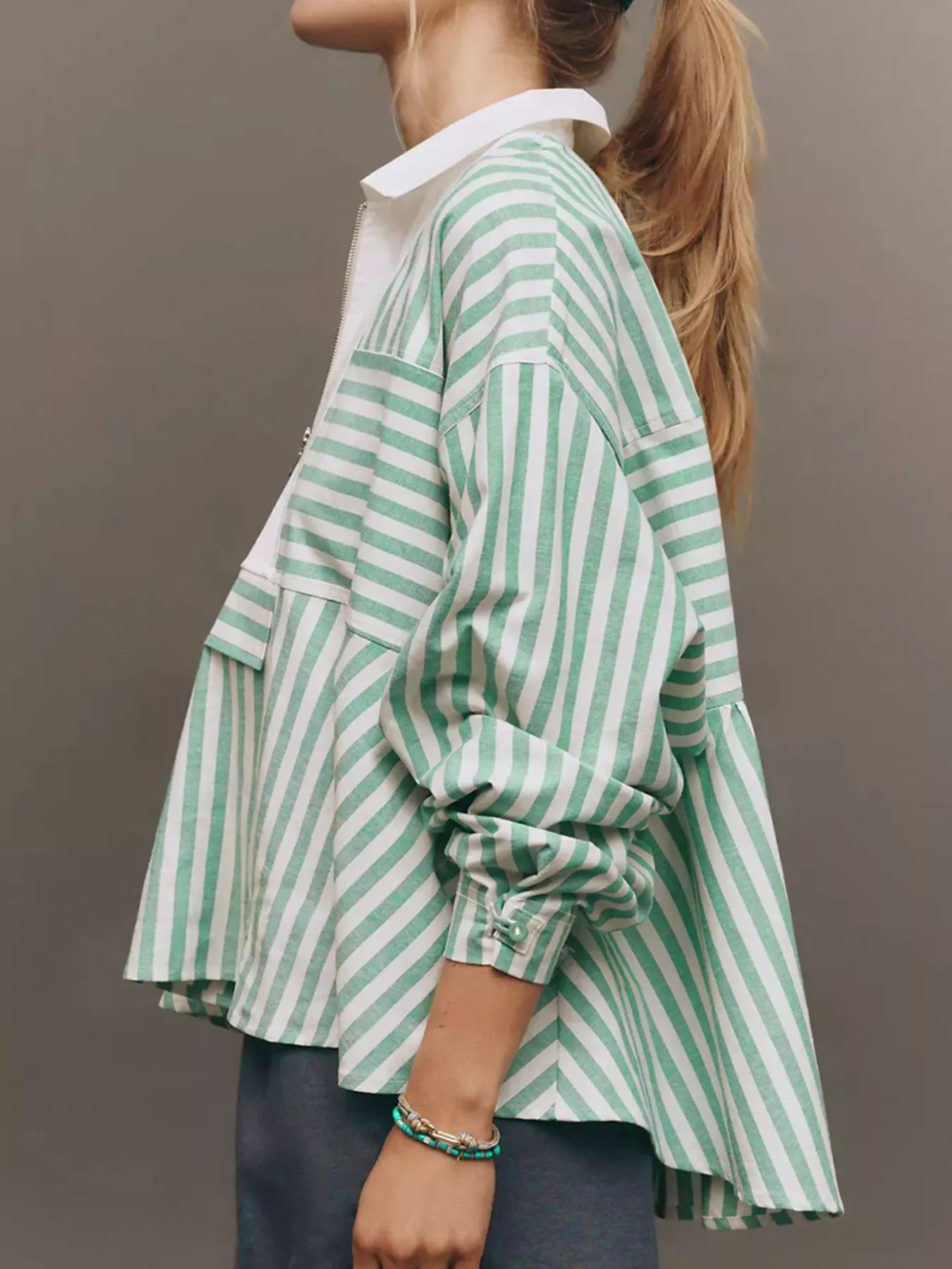 Stripe Half Zip Long Sleeve Swing Top