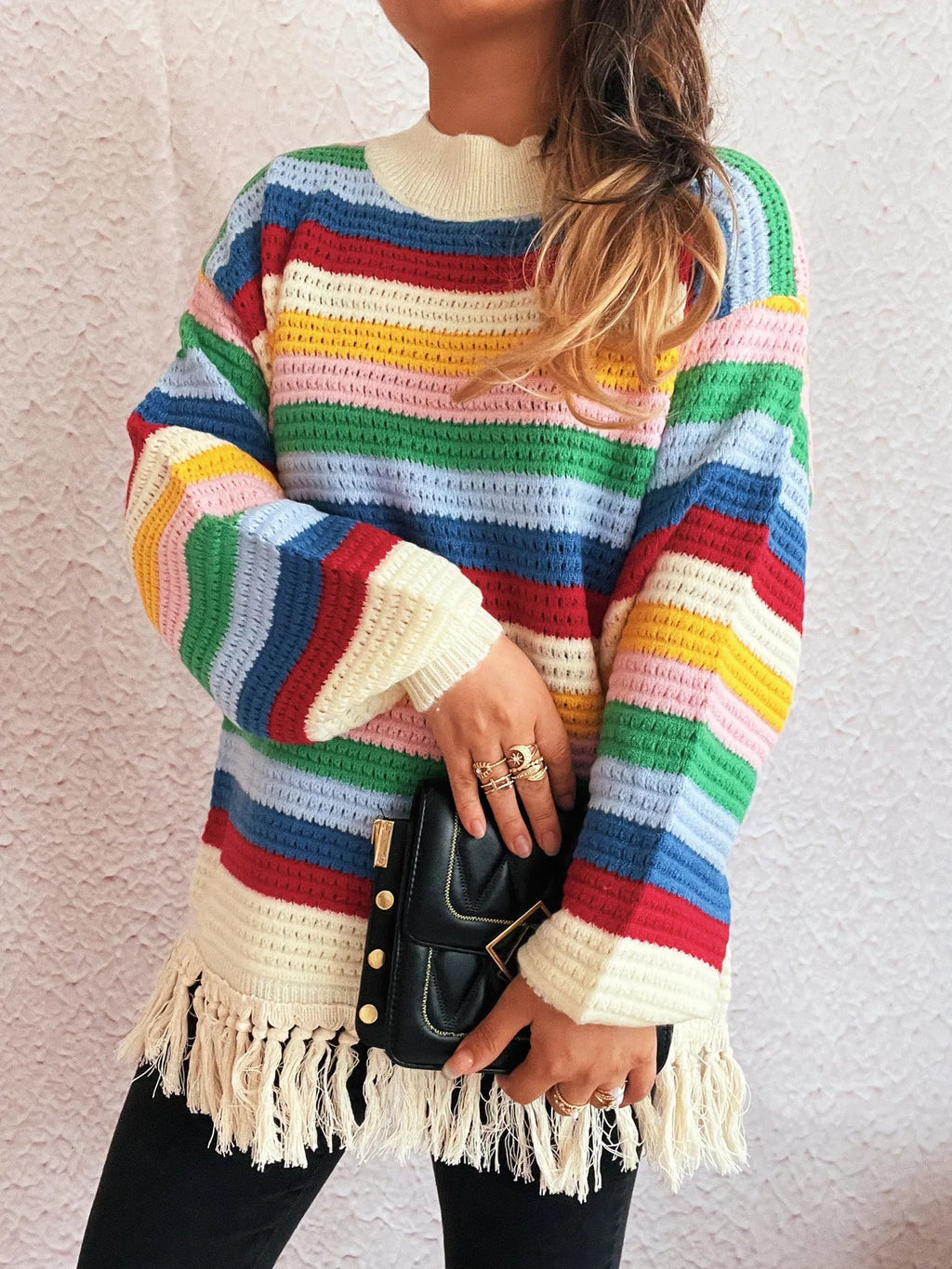 Tassel Rainbow Striped Long Sleeve Sweater