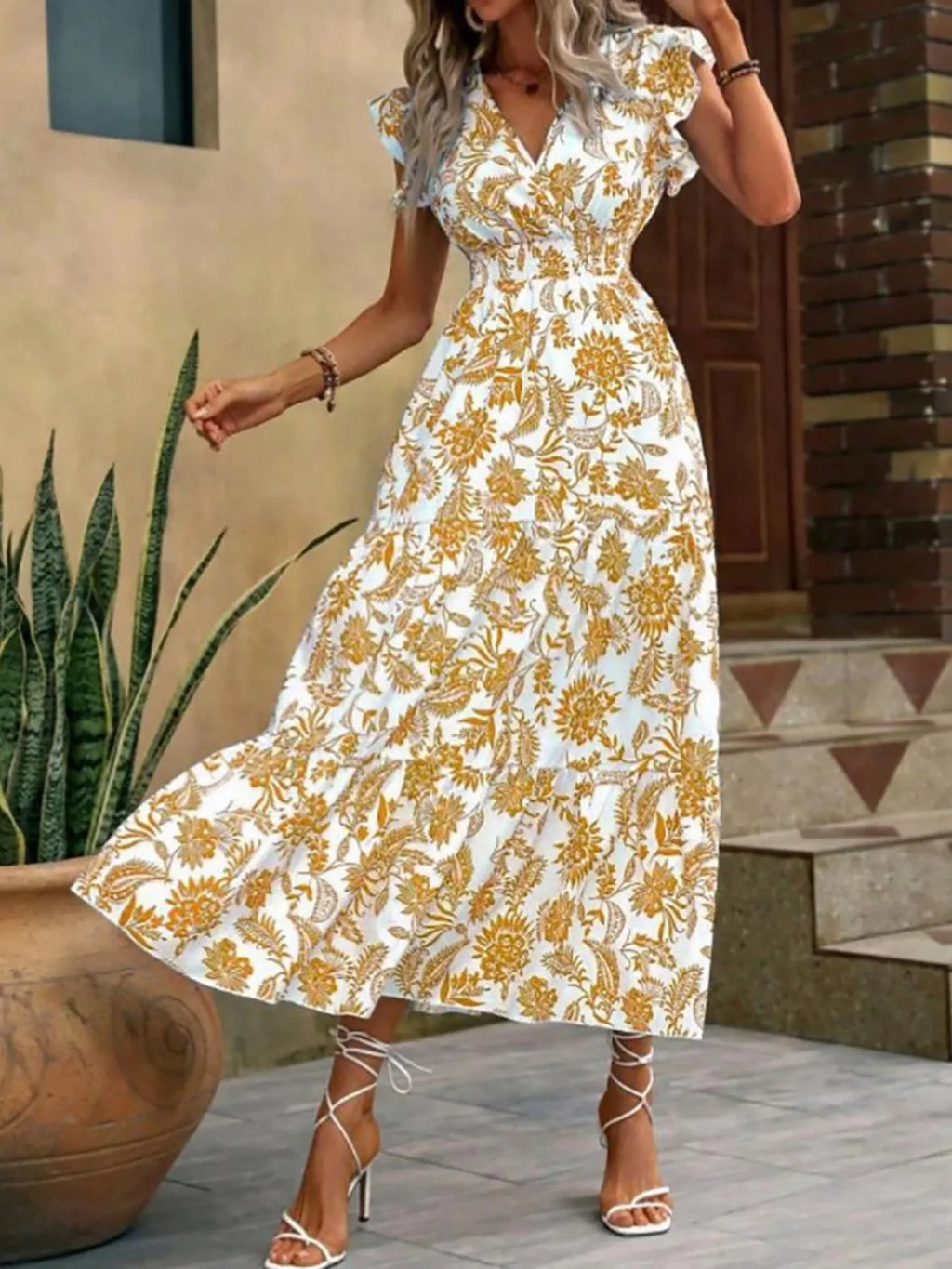 Floral Print Ruffle Sleeve Midi Dress