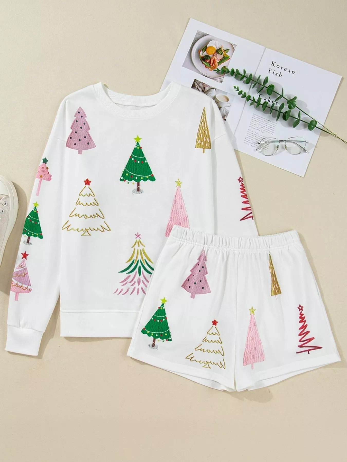 Christmas Tree Round Neck Top and Shorts Set