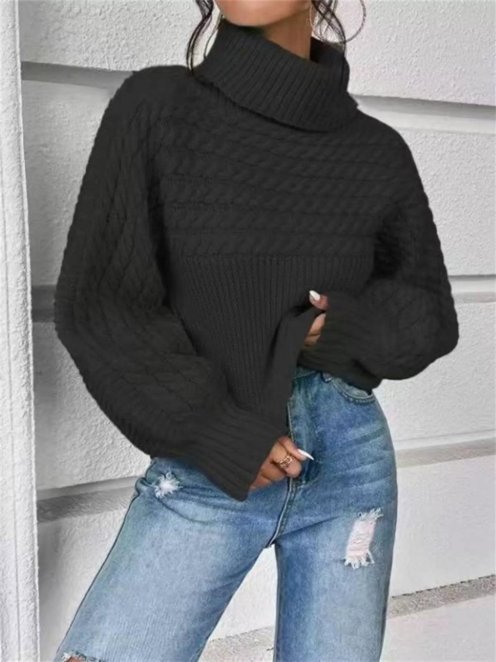 Textured Knit Turtleneck Long Sleeve Sweater