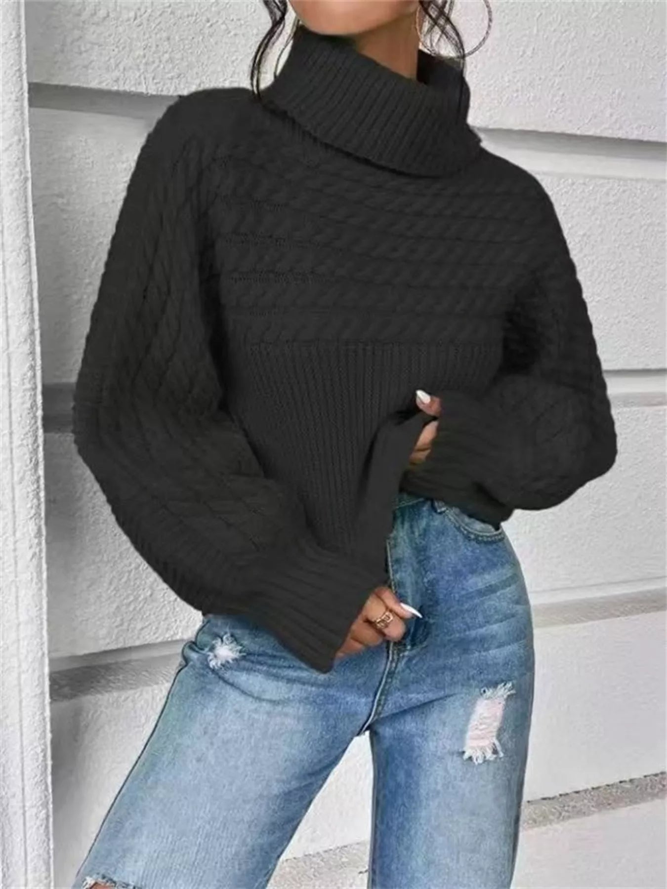 Textured Knit Turtleneck Long Sleeve Sweater