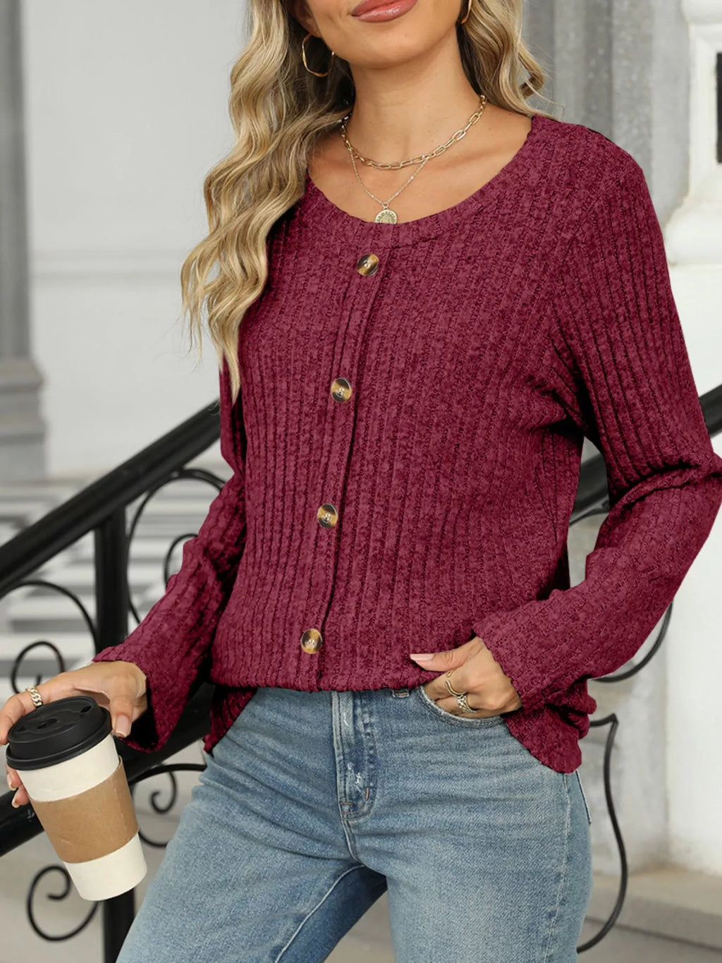 Ribbed Round Neck Long Sleeve Top