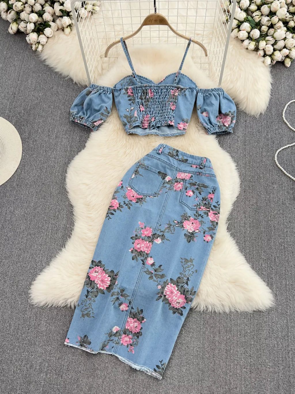 Floral Print Sweetheart Neck Cami and Skirt Denim Set