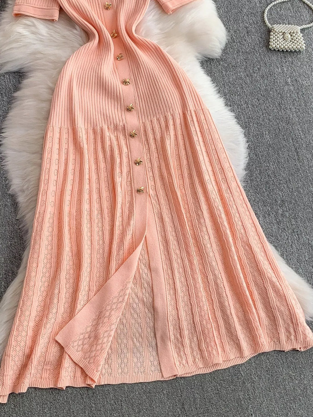 Button Front Ribbed Knit Midi Dress