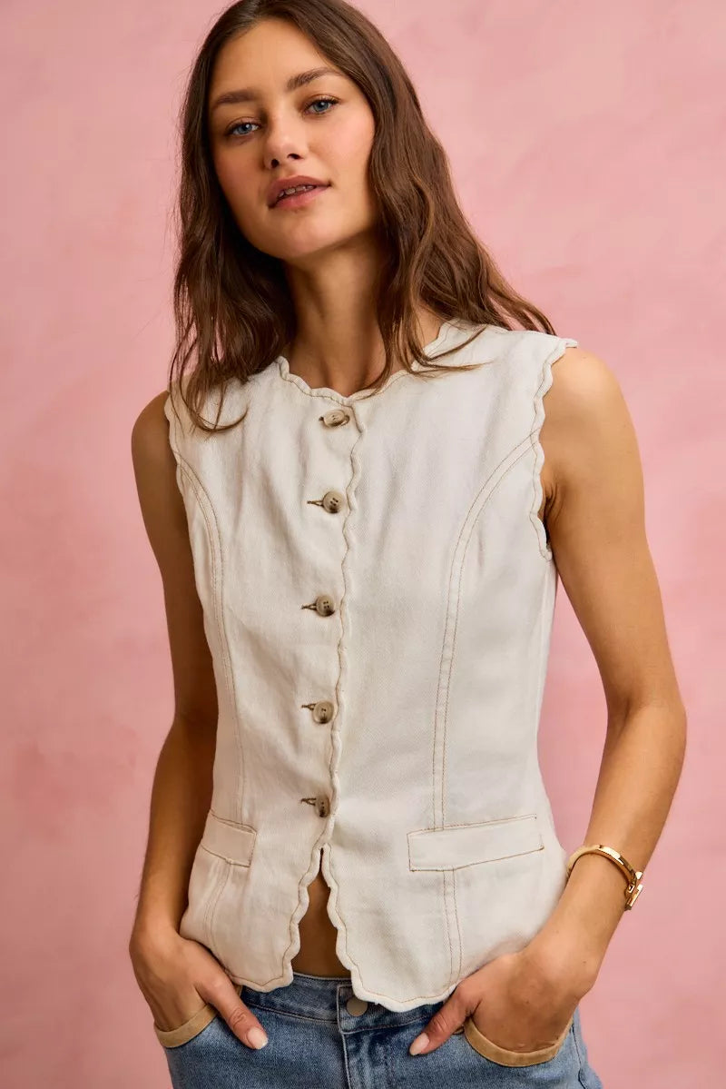 SO ME Scalloped Edge Cotton Twill Washed Vest Top
