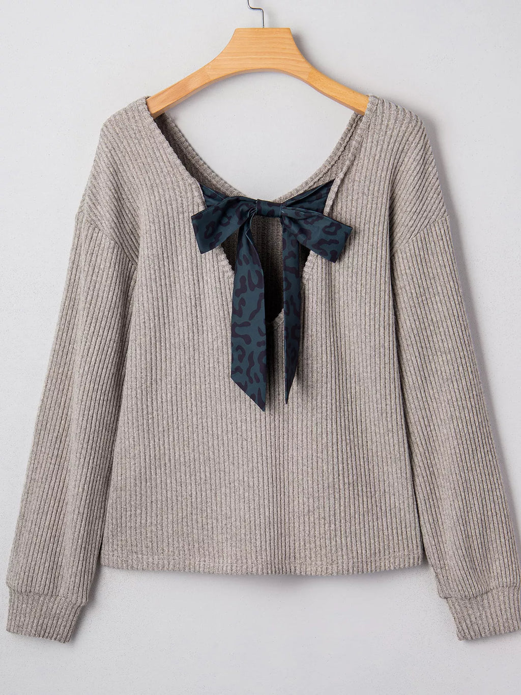 Ribbed V Neck Contrast Ribbon Bow Back Drop Shoulder Long Sleeve Top