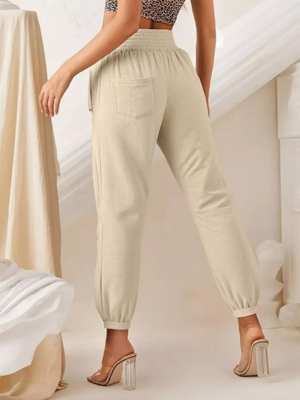 Smocked Textured Casual Pants