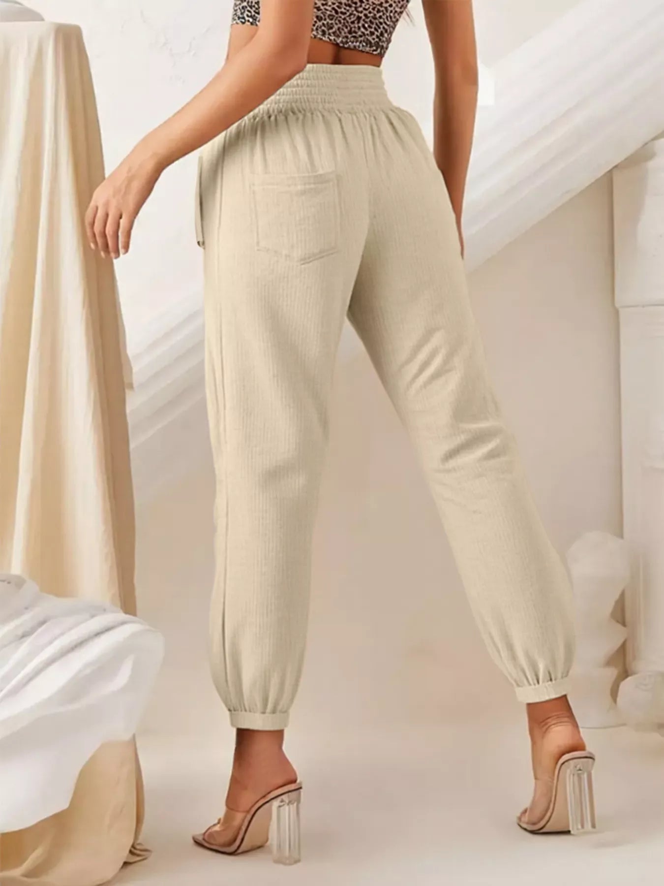 Smocked Textured Casual Pants
