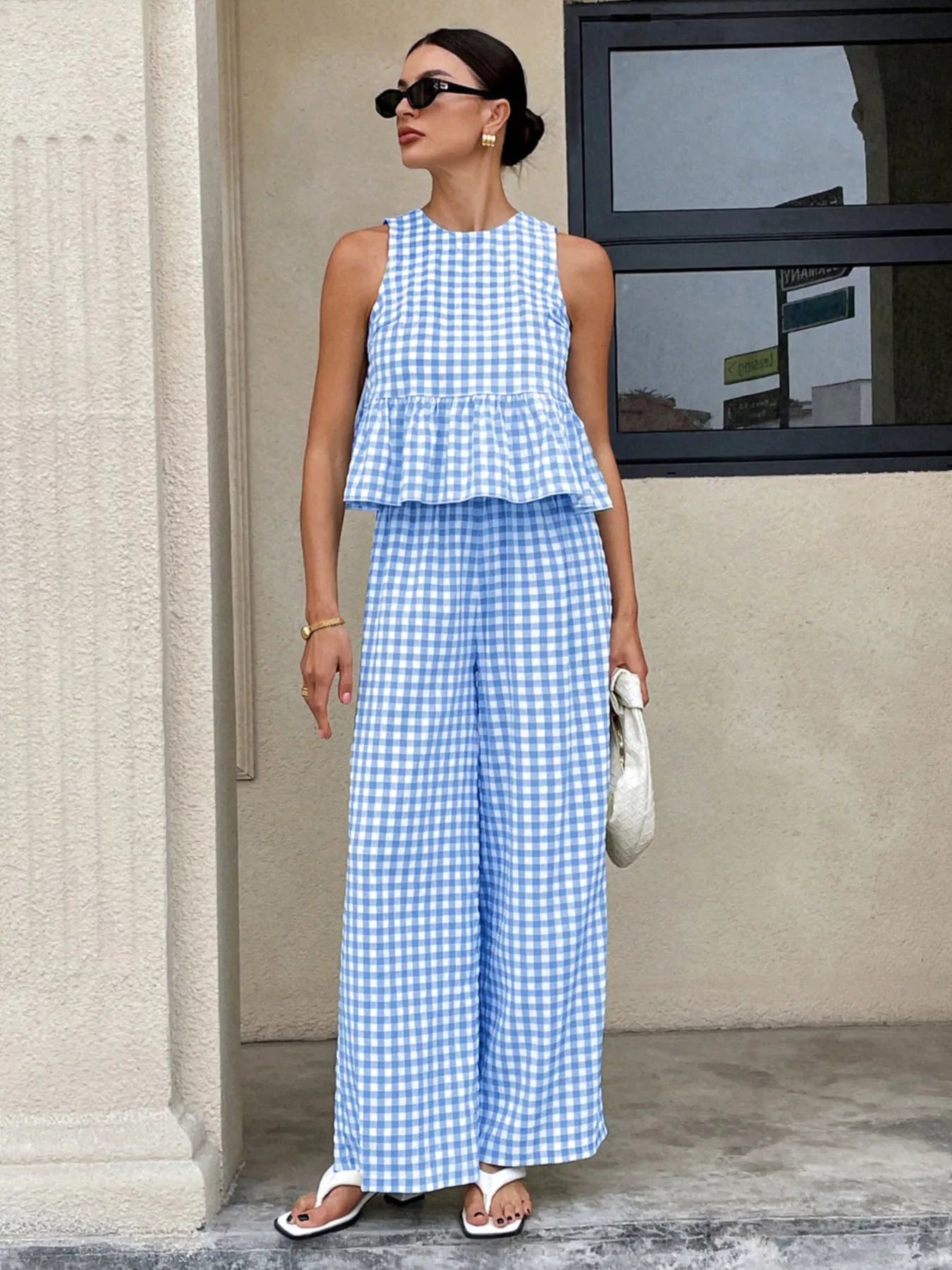 Gingham Sleeveless Top and Wide Leg Pants Set