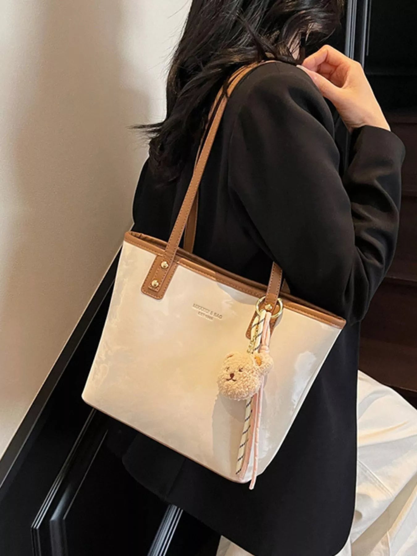 Tote Shoulder Bag with Bear Charm