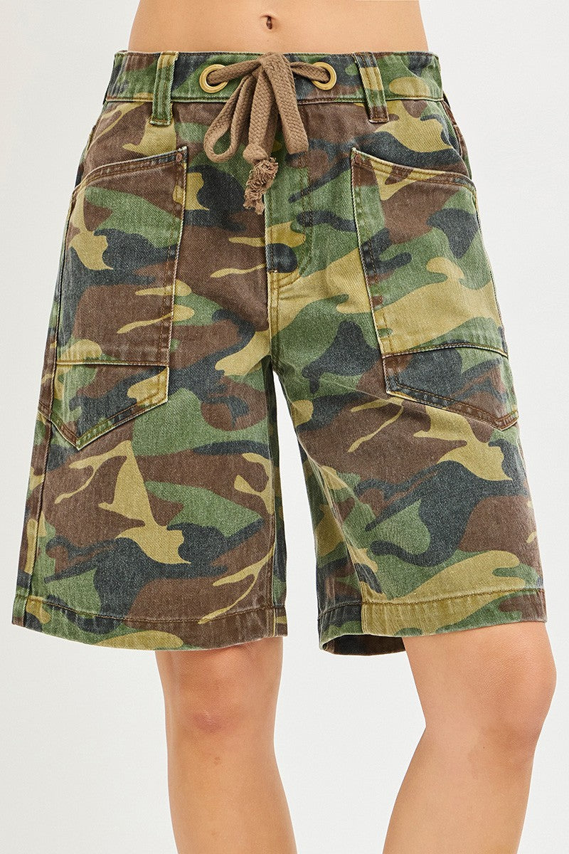 RISEN Camo Print Slouchy Jorts with Eyelet Drawstring