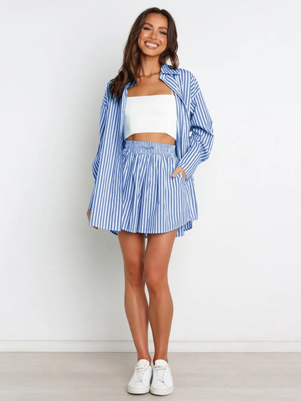 Striped Dropped Shoulder Shirt and Shorts Set