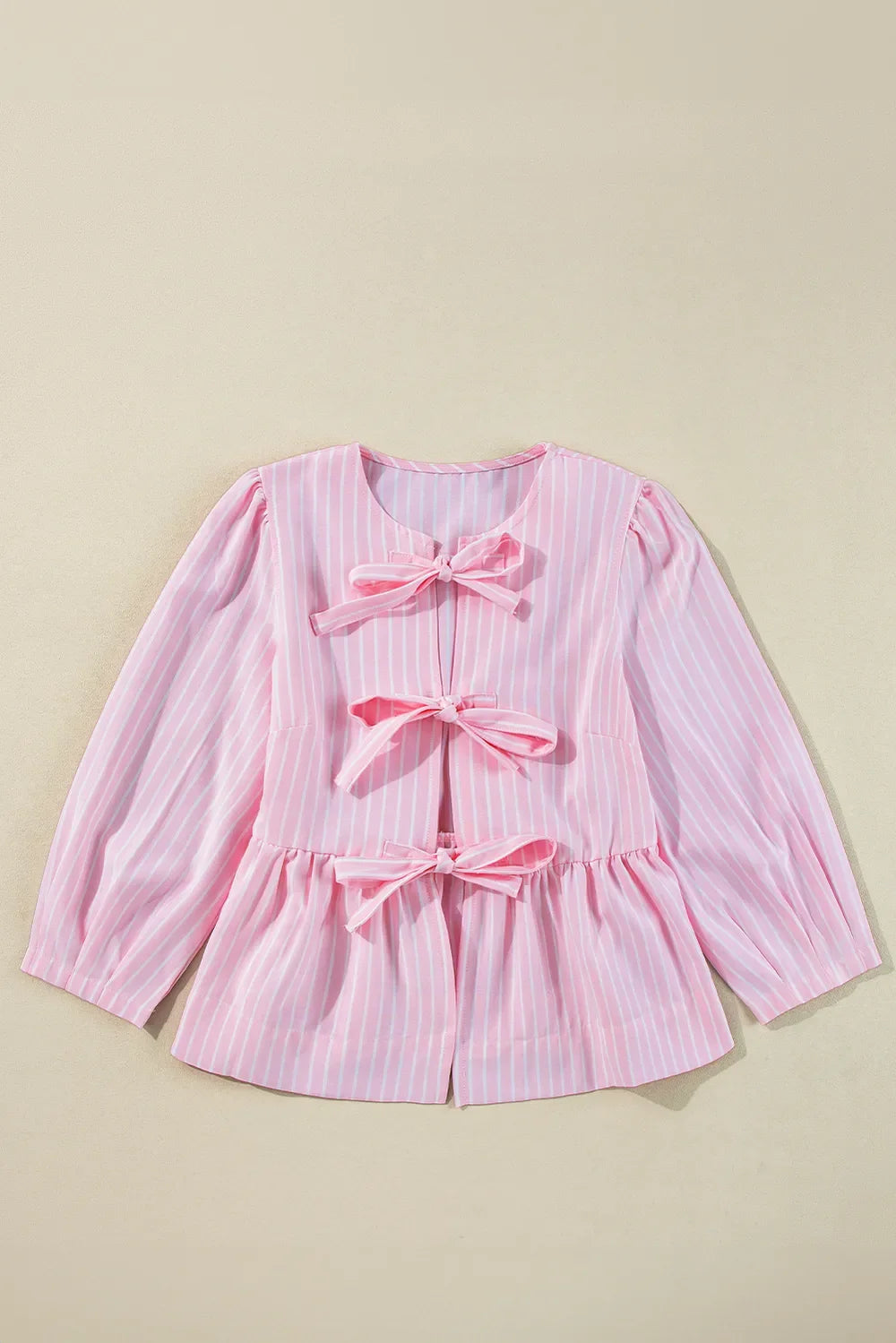 Tied Bow Striped Round Neck Blouse