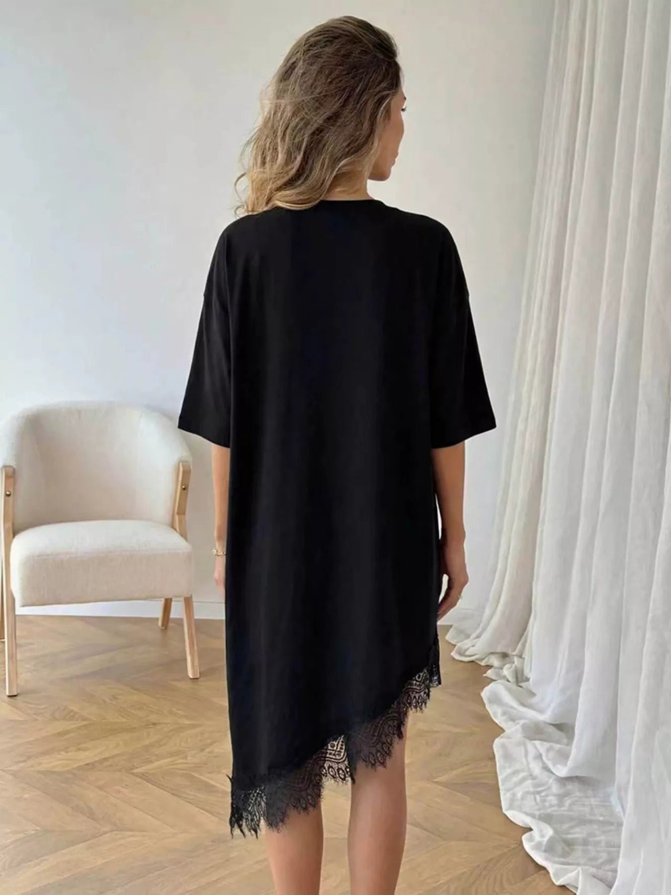 Lace Trim Asymmetrical Hem T-shirt Dress