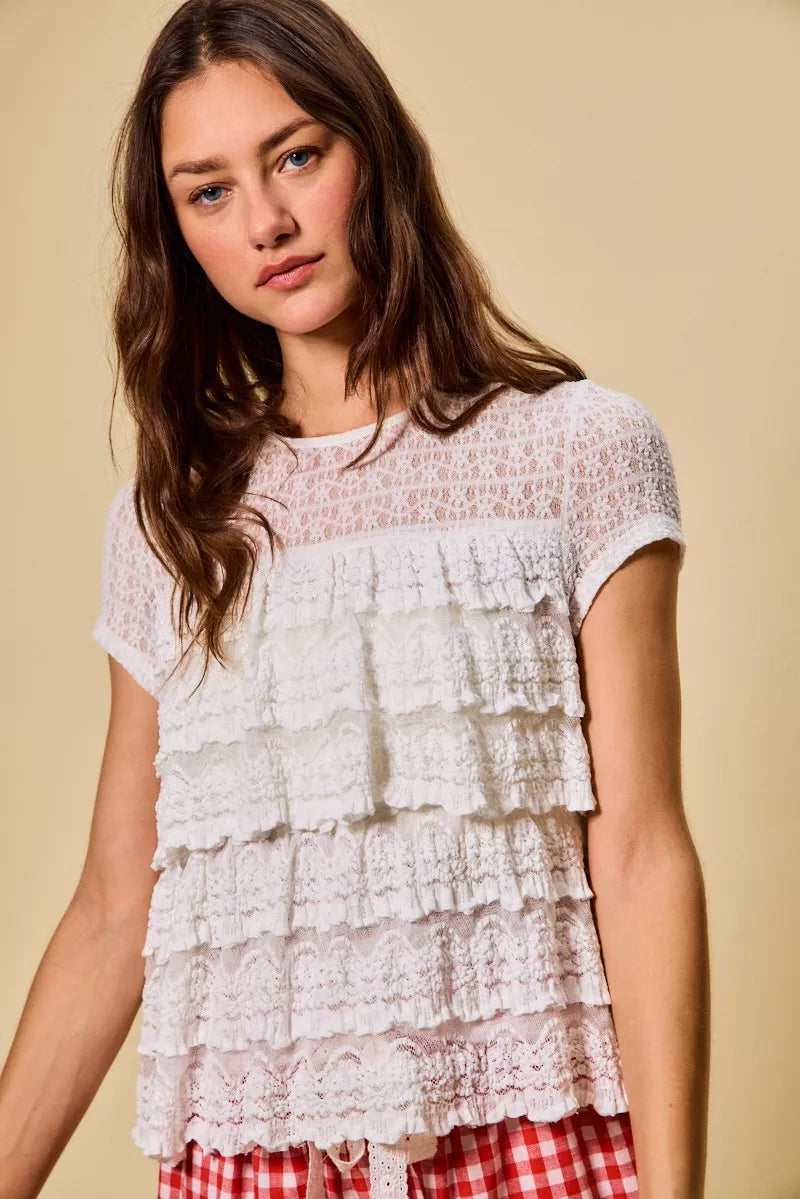 SO ME Ruffle Tiered Stretch Lace Short Sleeves Knit Top
