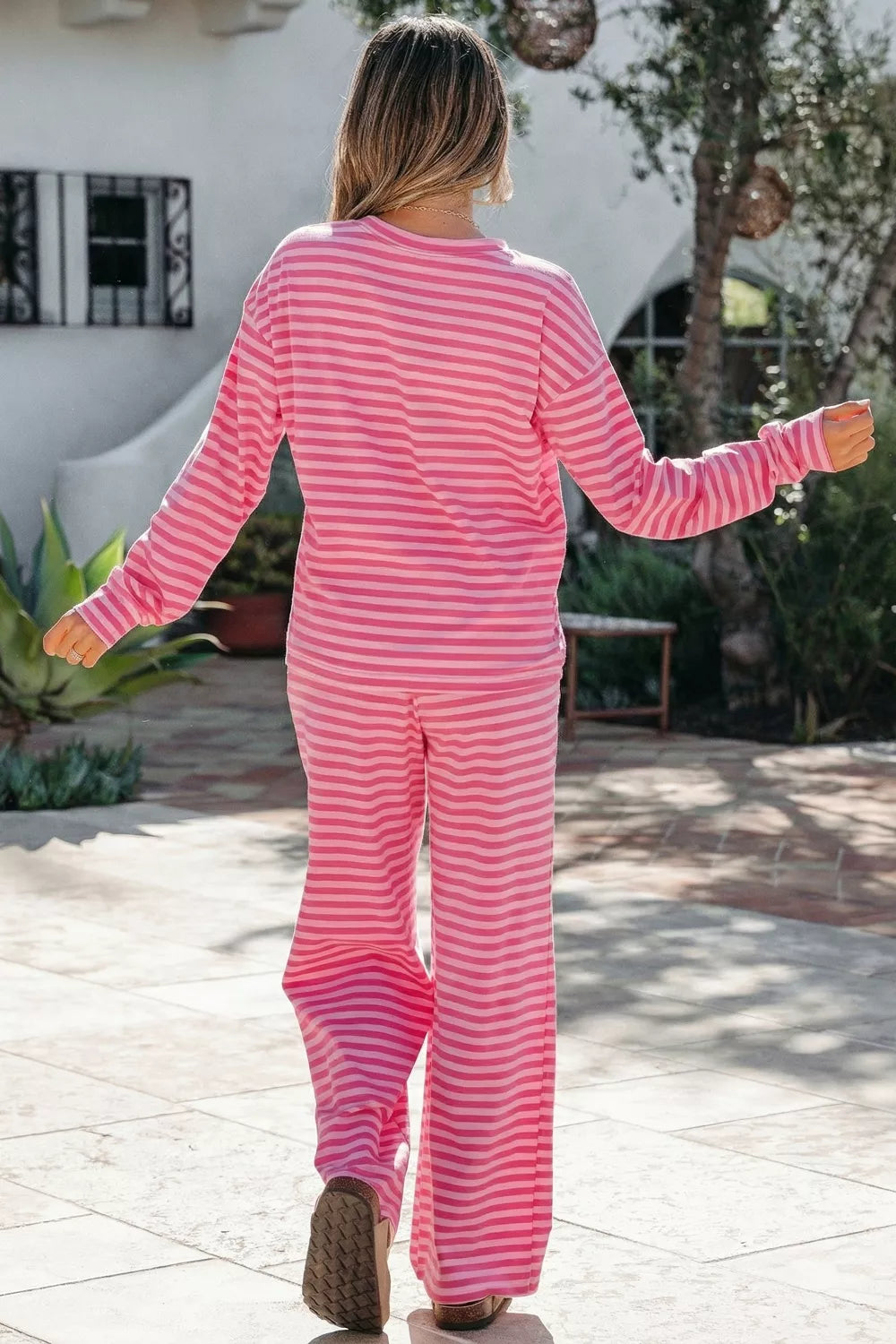 Stripe Drop Shoulder Round Neck Top and Buttoned Straight Pants Two Piece Set