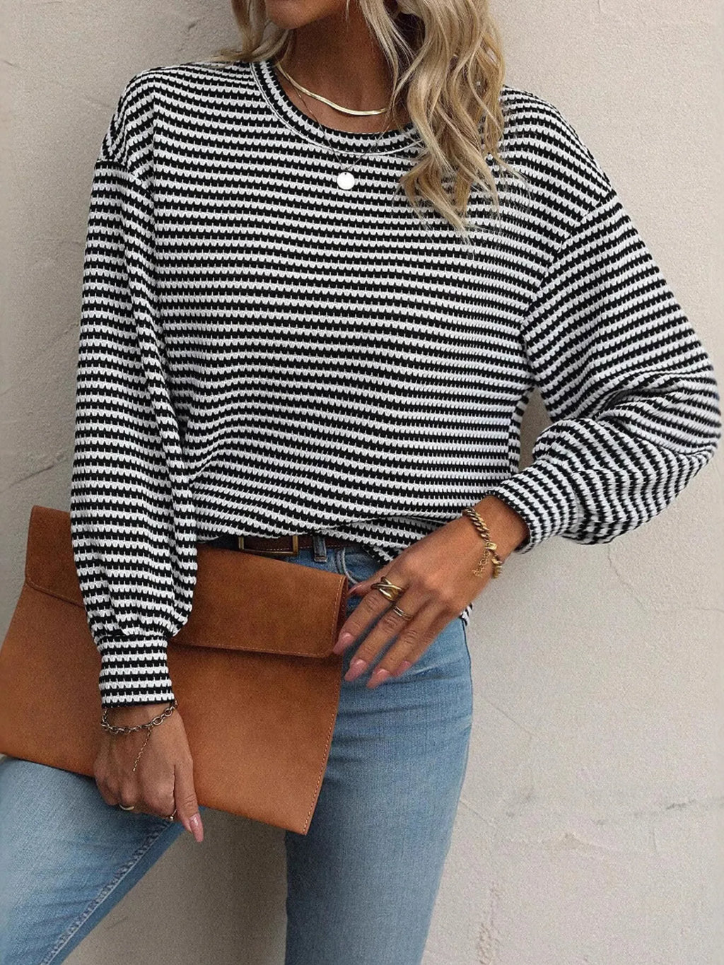 Striped Round Neck Lantern Sleeve Top