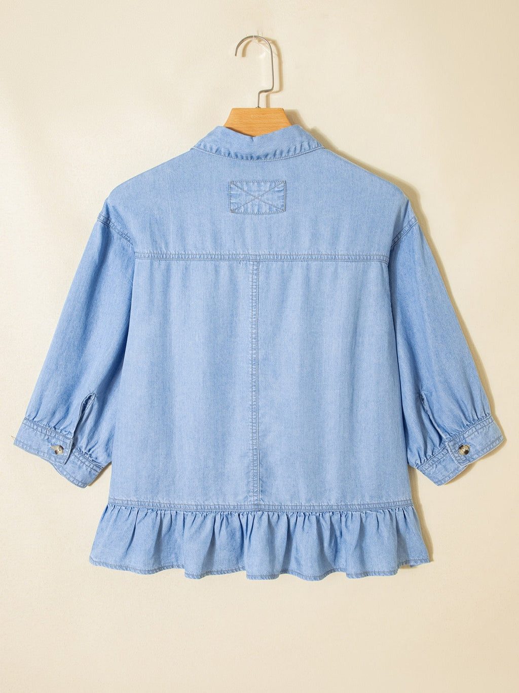 Half Sleeve Button Down Ruffled High Low Chambray Shirt