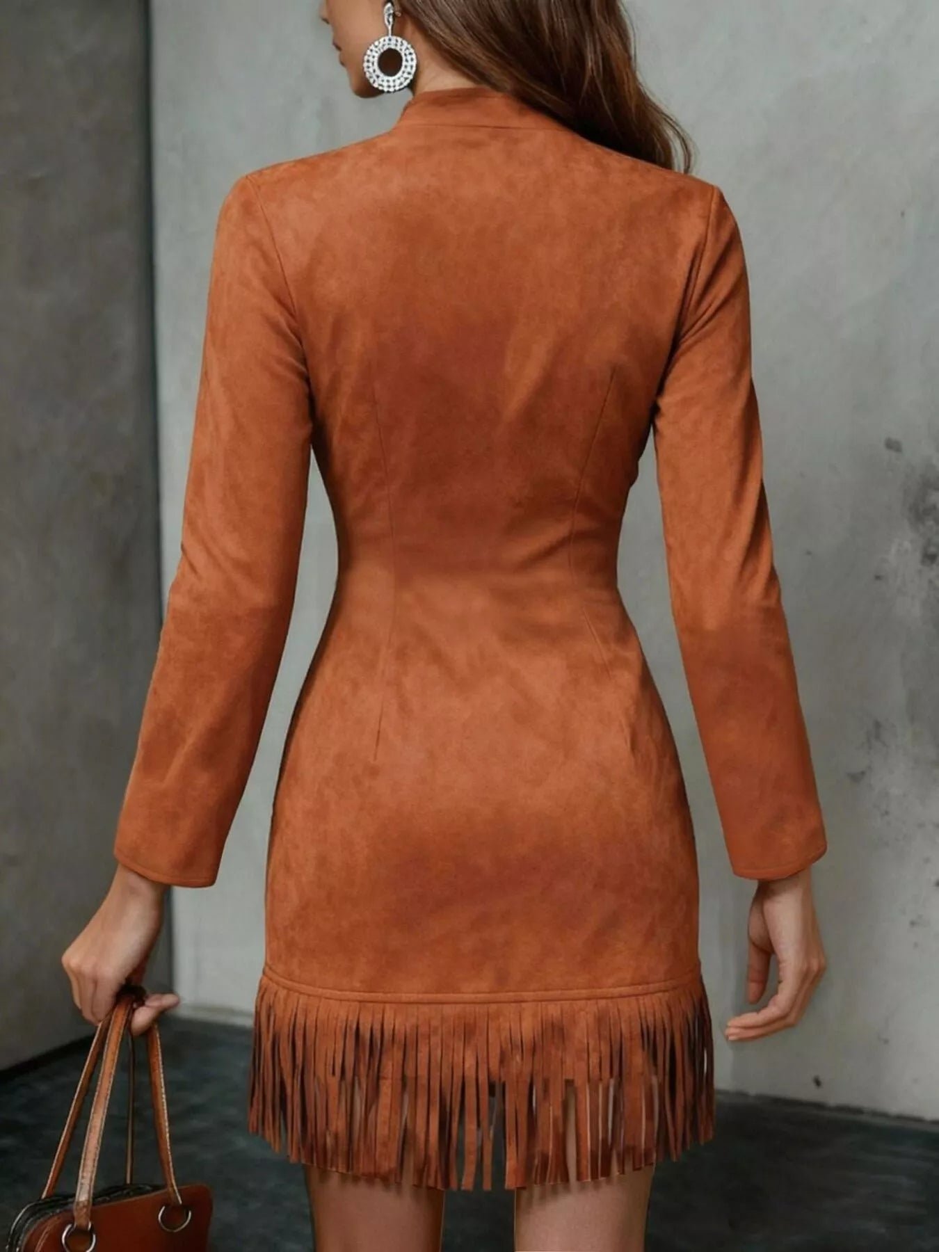 Fringe Trim Zip Front Suede Dress