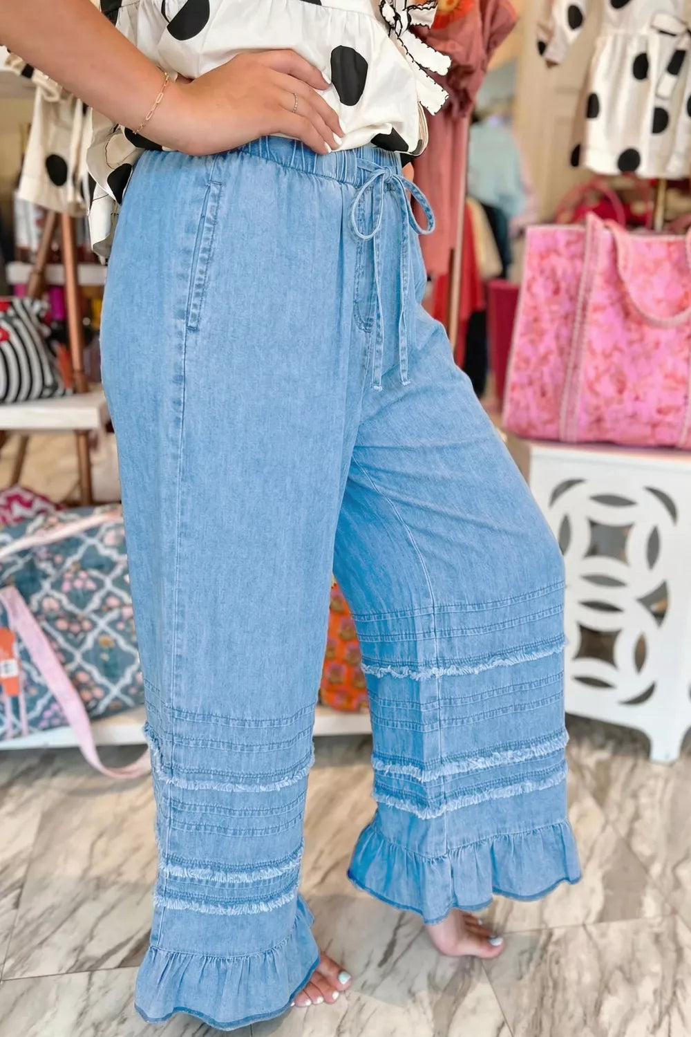 Ruffled Hem Wide Leg Chambray Jeans