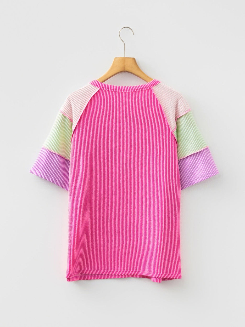 Twisted Rib Color Block Patchwork Short Sleeve Henley Top