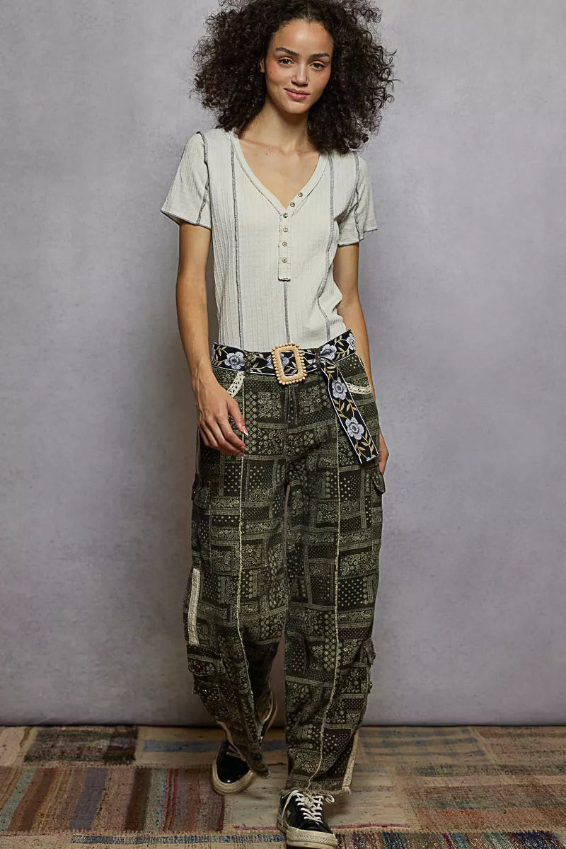 POL V-Neck Short Sleeve Top with Stitch Seam Detail