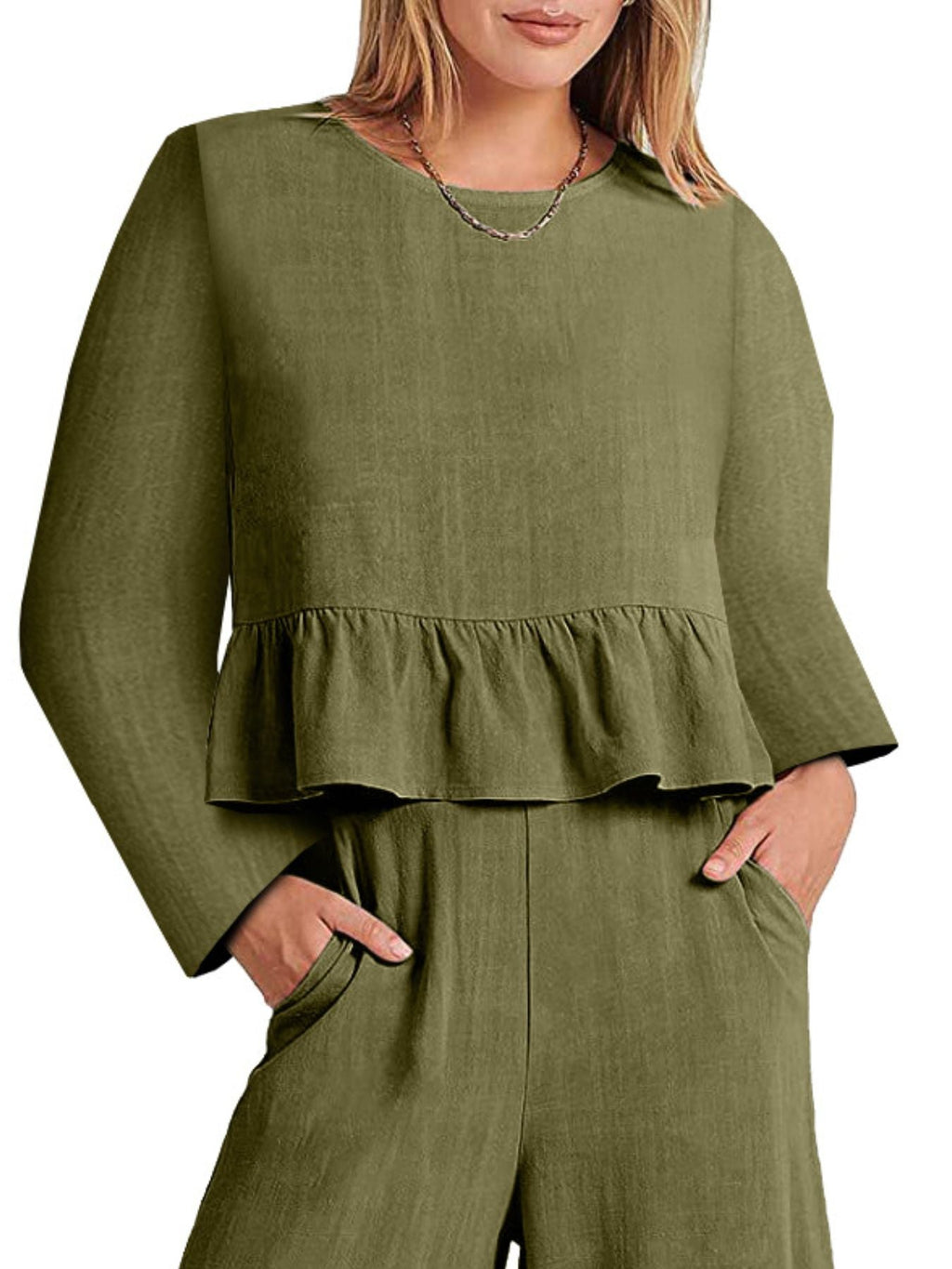 Full Size Ruffled Hem Long Sleeve Top and Pants Set Plus Size