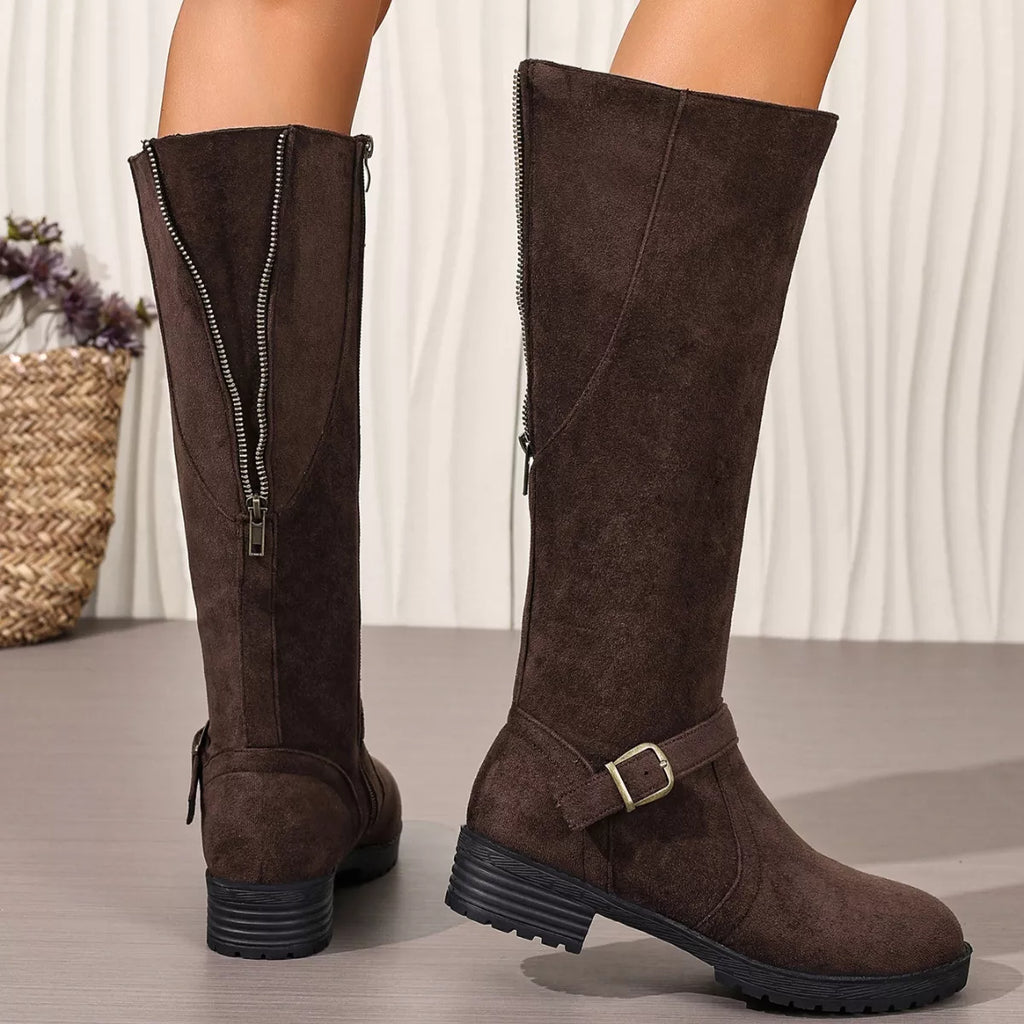 Knee-High Suede Buckle Accent Boots