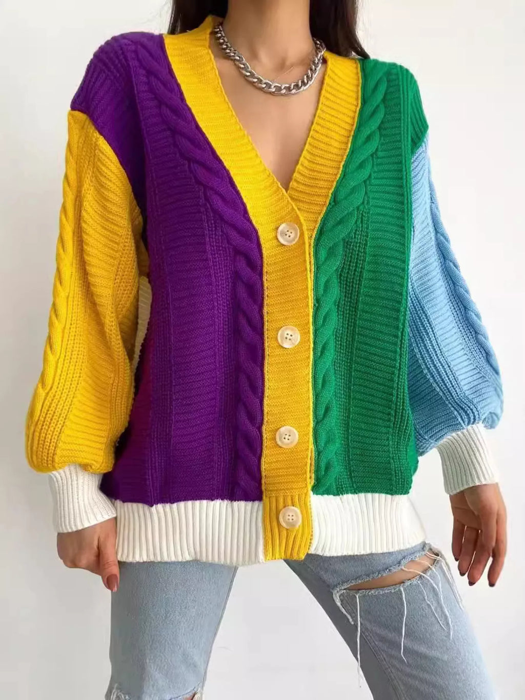 Color Block Button Down Cable-Knit Cardigan